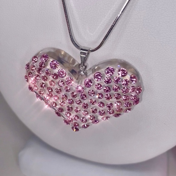 Pink Acrylic Heart Necklace Embellished With Genuine “Crystal Stone Elements” - Picture 3 of 13